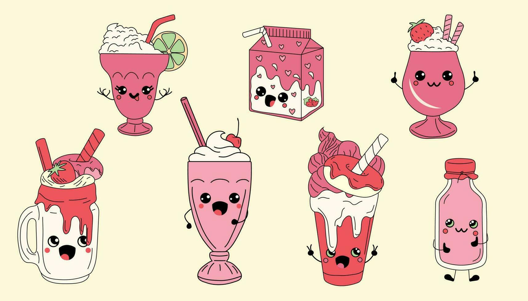 Set of Cute happy funny milkshakes with kawaii eyes. Vector illustration isolated