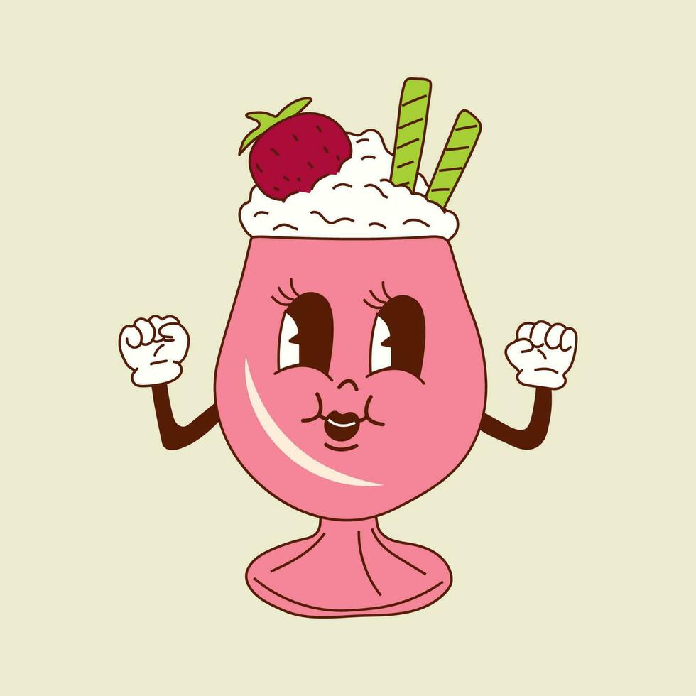 Cute happy funny milkshake 30s cartoon mascot character 40s, 50s, 60s old animation style. vector