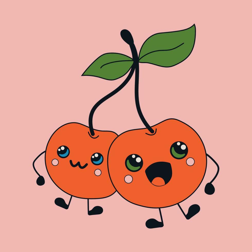 Cute happy funny cherries with kawaii eyes . Vector illustration isolated