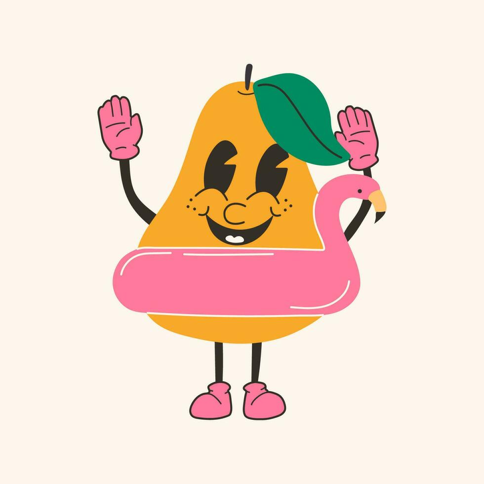 Cute happy funny a pear with an inflatable circle 30s cartoon mascot character 40s, 50s, 60s old animation style. vector