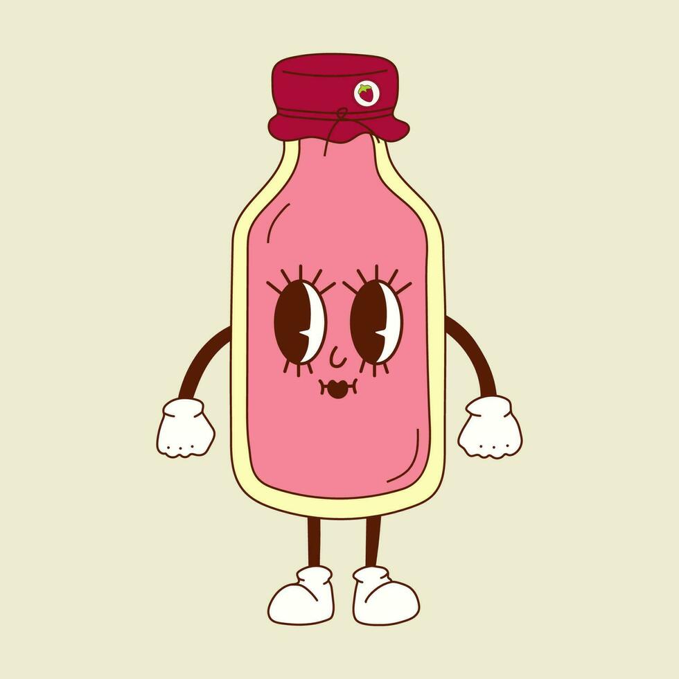 linda contento gracioso batido, botella de fresa Leche 30s dibujos animados mascota personaje 40 años, años 50, 60s antiguo animación estilo. vector