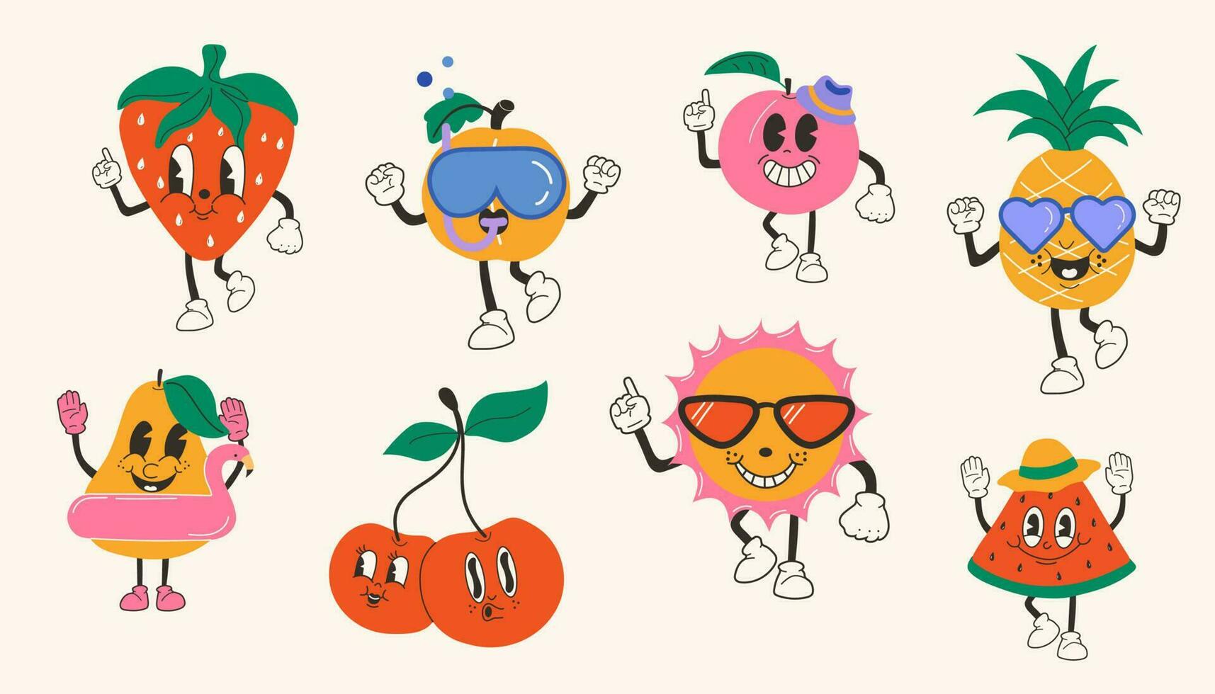 conjunto de linda contento gracioso frutas 30s dibujos animados mascota personaje 40 años, años 50, 60s antiguo animación estilo. vector