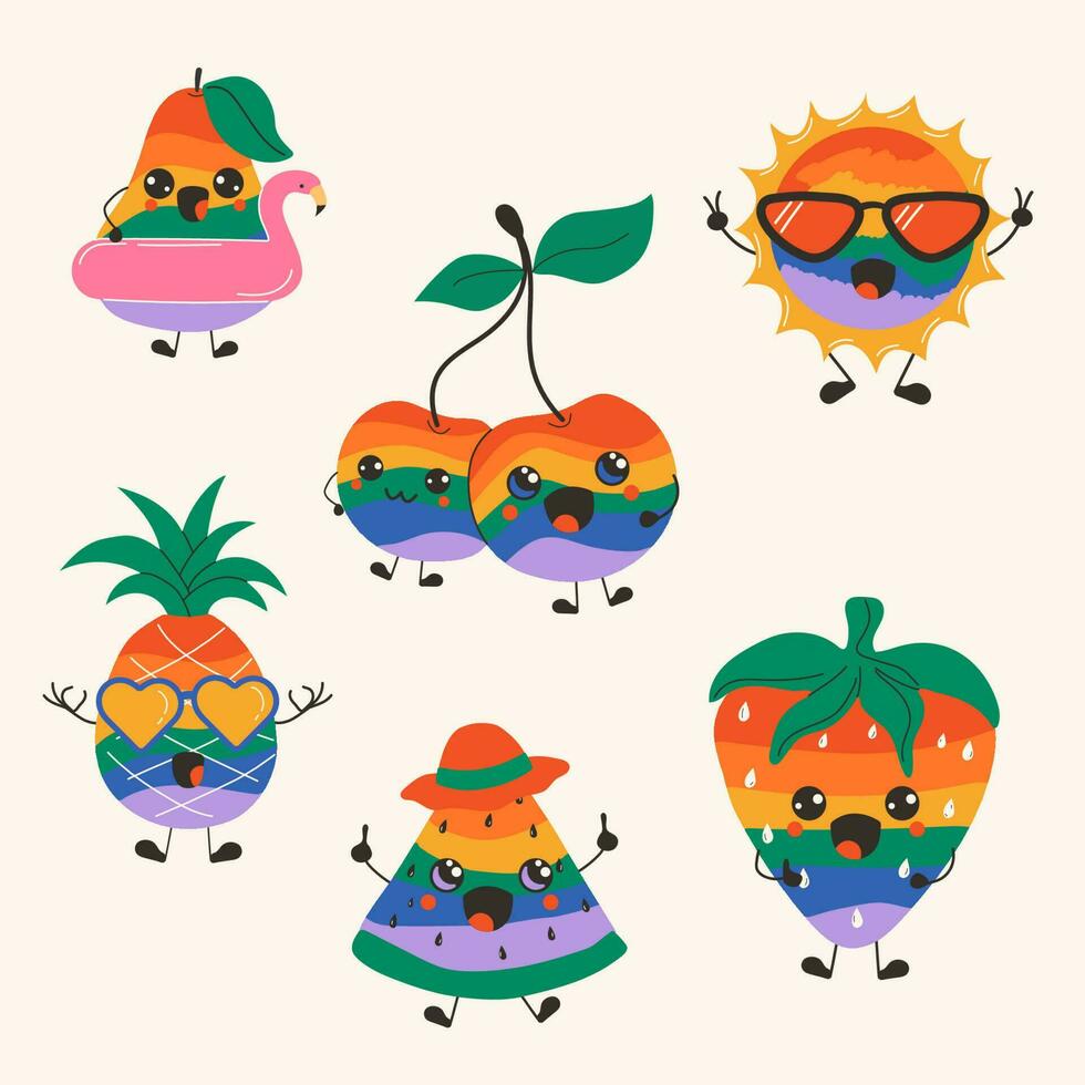 Cute happy funny rainbow fruits 30s cartoon mascot character 40s, 50s, 60s old animation style. vector