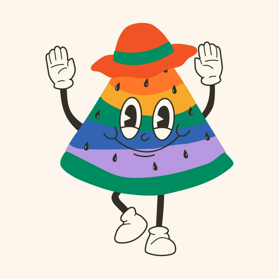 Cute happy funny rainbow watermelon 30s cartoon mascot character 40s, 50s, 60s old animation style. vector