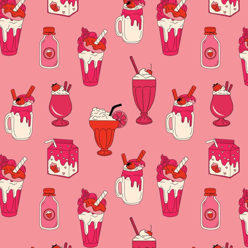 Seamless pattern with milkshakes with a strawberry and ice cream cone vector
