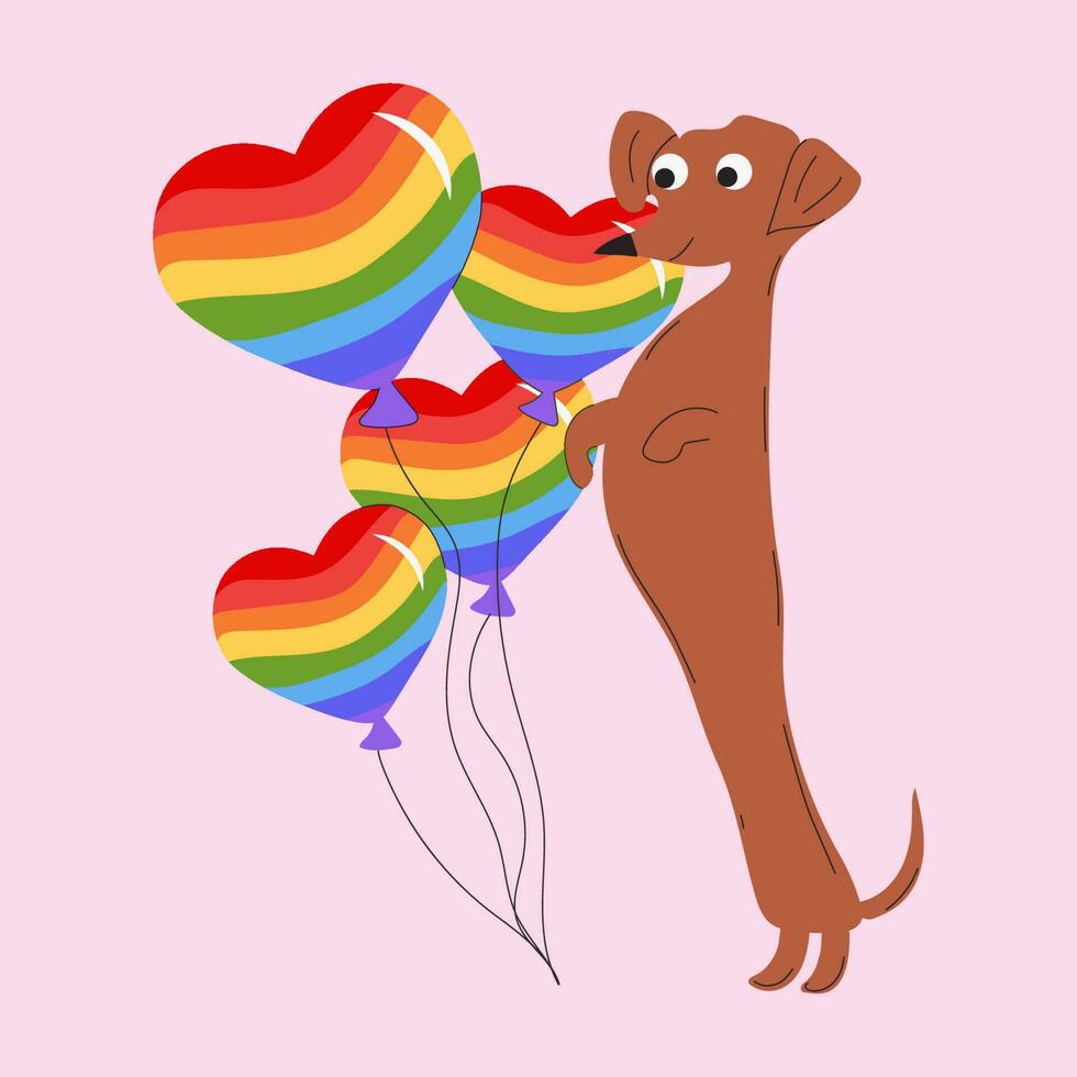 Dachshund dog decorates a  rainbow balloons in the shape of a heart. Vector illustration isolated