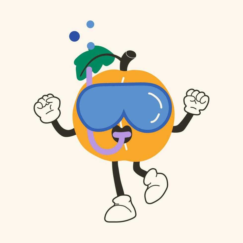 Cute happy funny apricot with scuba diving 30s cartoon mascot character 40s, 50s, 60s old animation style. vector