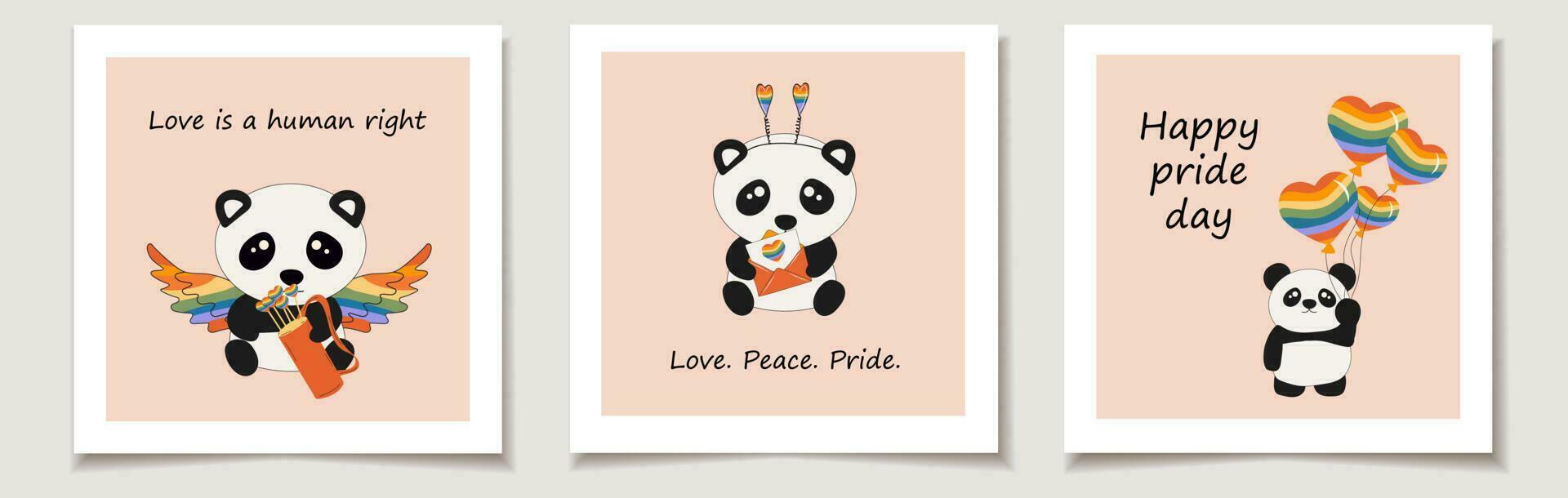 conjunto de orgullo día tarjetas con linda pequeño sentado pandas sostiene arco iris corazones. amar, mes orgullo vector