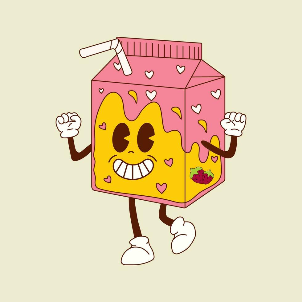 Cute happy funny milkshake, box of strawberry milk  30s cartoon mascot character 40s, 50s, 60s old animation style. vector