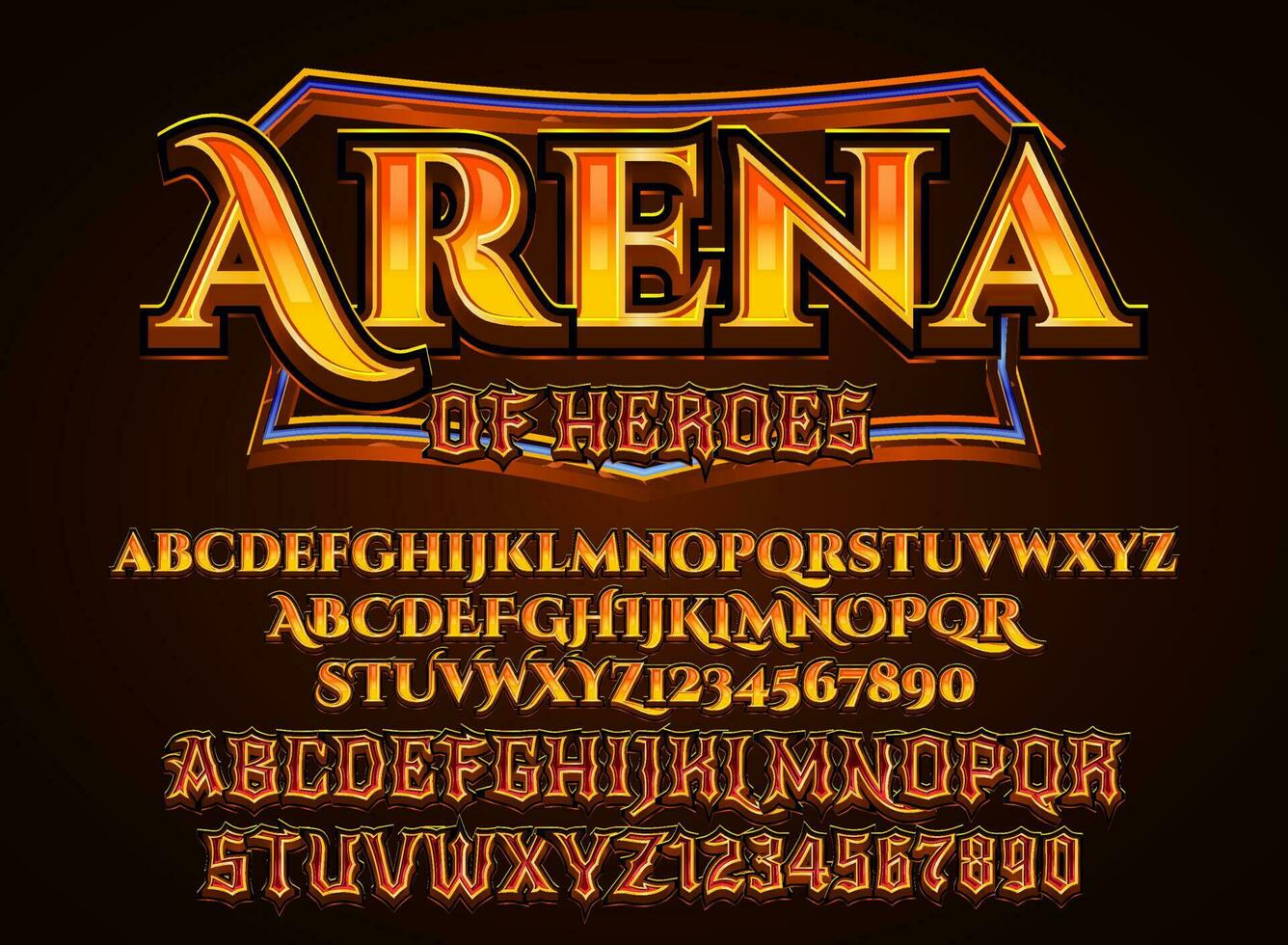 fantasía dorado arena de héroes medieval rpg juego logo texto efecto con marco frontera vector