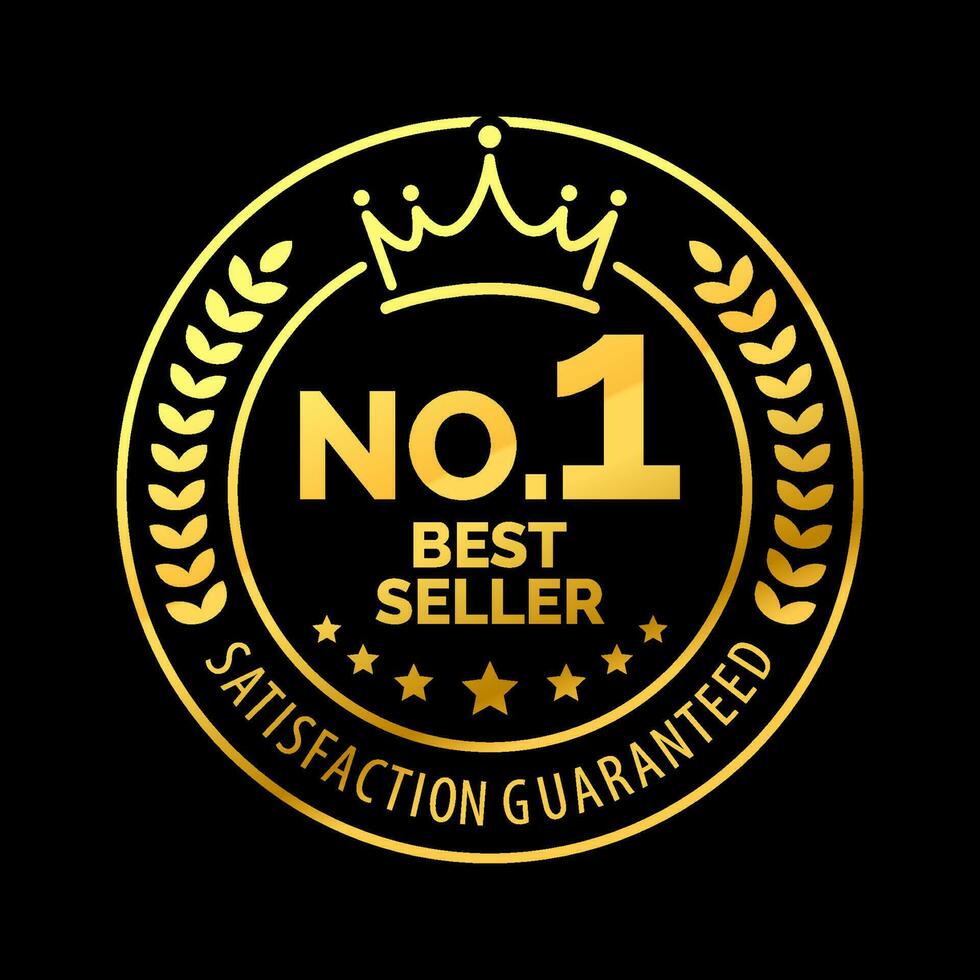 Golden Number 1 Bestseller Satisfaction Guaranteed With Simple Mono Line and Crown. Seal. Stamp. Logo. Sticker. Vector