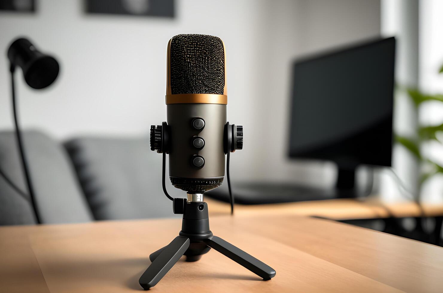 Close up of modern home studio podcast gadget interior, Microphone and laptop for on air live streaming on the table, photo