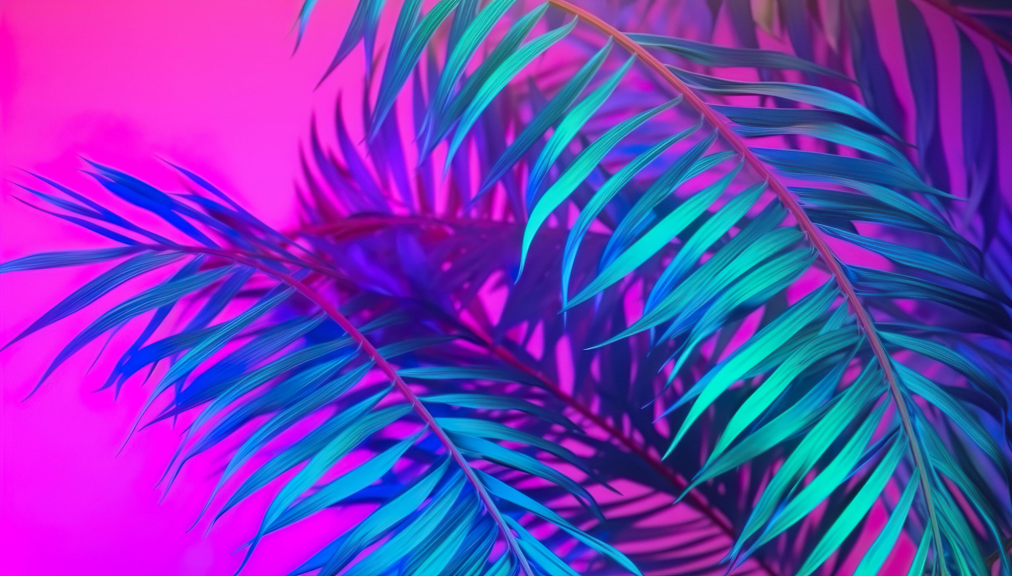 Tropical palm tree and leaves in vibrant color gradient background