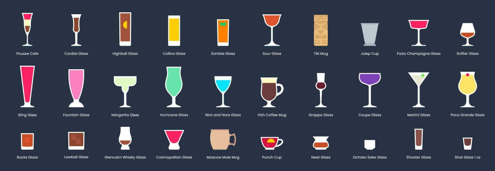 Cocktail glasses set, flat style vector illustration