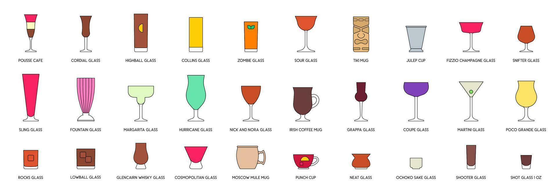 Cocktail glasses set, filled style vector illustration