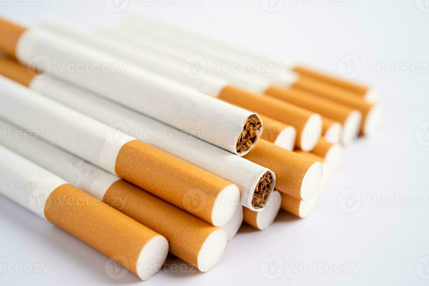 Cigarette, tobacco in roll paper with filter tube, No smoking concept. photo