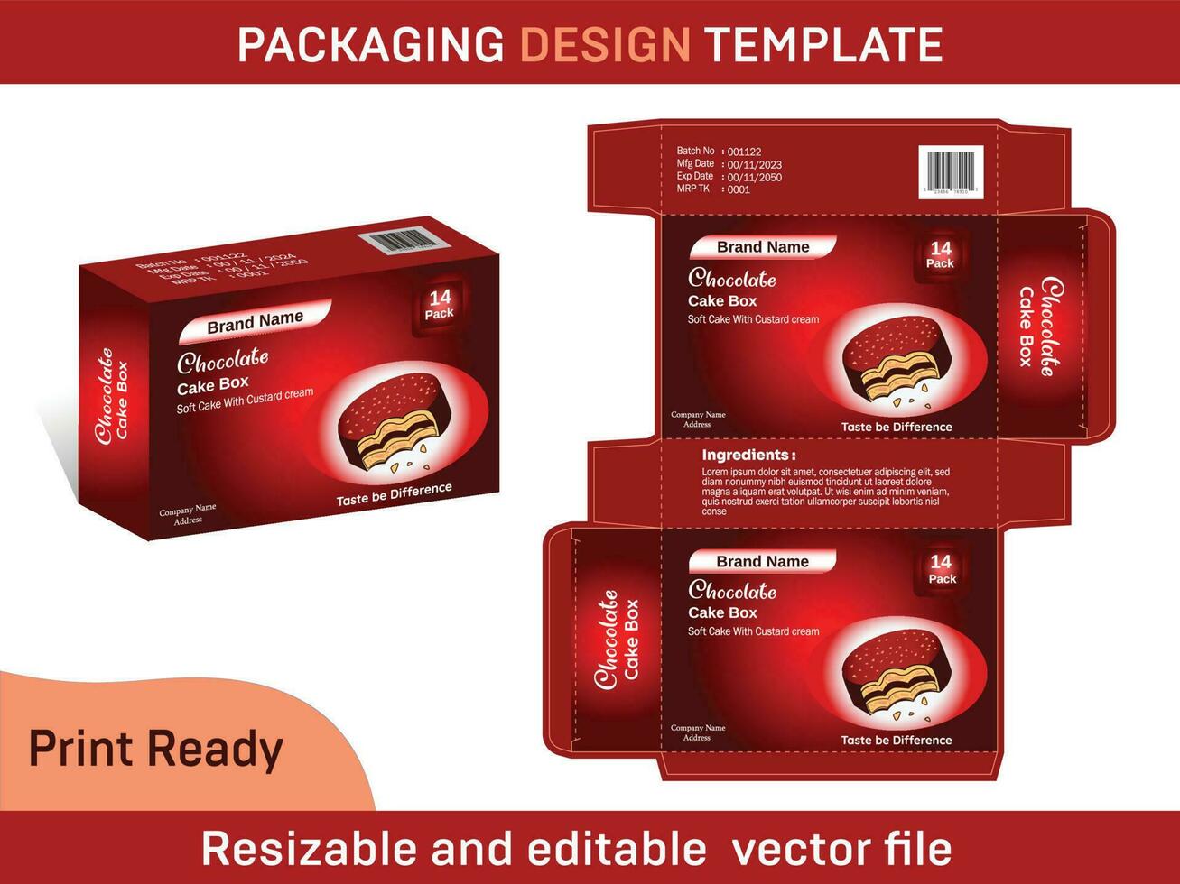 Chocolate Cake box packaging design and perfect dieline template with vector 3D box