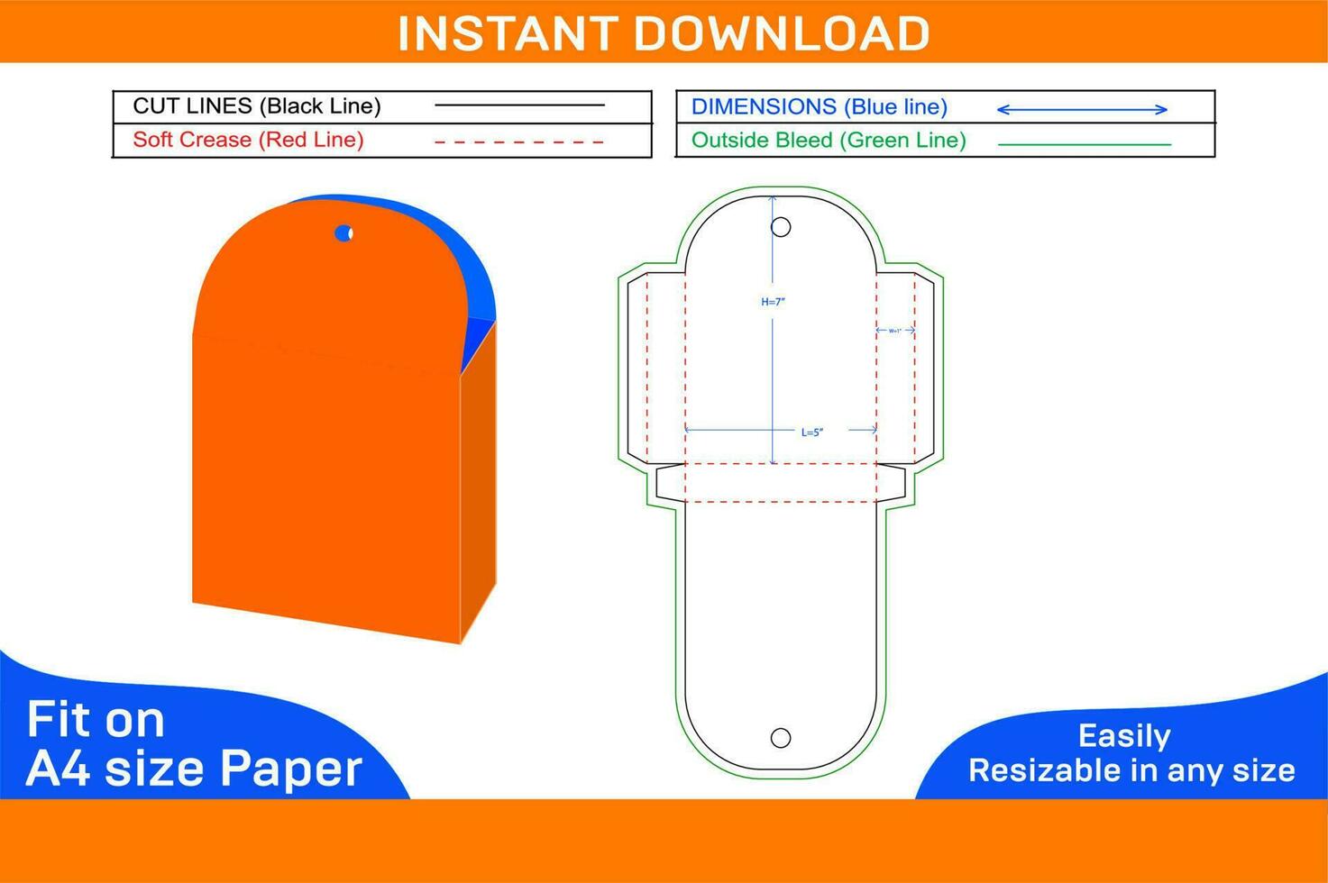 Gift box shipping bag style box dieline template and 3d vector file