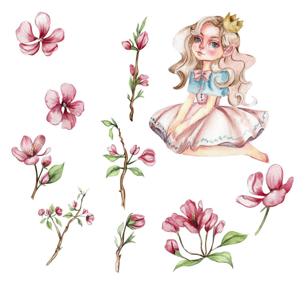 blomma fe, liten prinsessa klädd i rosa blomma illustration. söt karaktär, blomma prinsessa. vattenfärg illustration för hälsning kort, affischer, klistermärken, förpackning. png