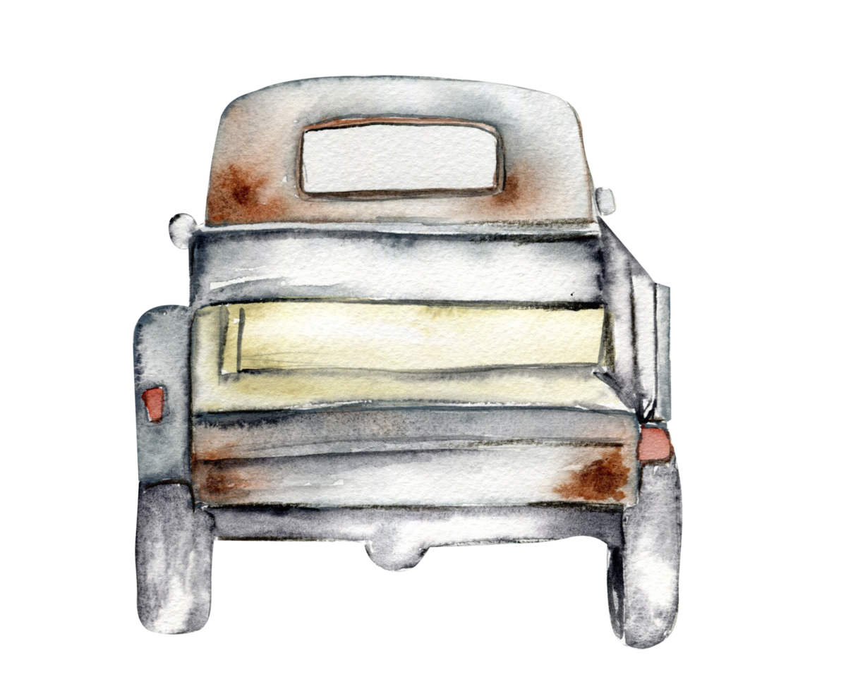 Vintage watercolor gray truck, hand drawn illustration of old retro car . png