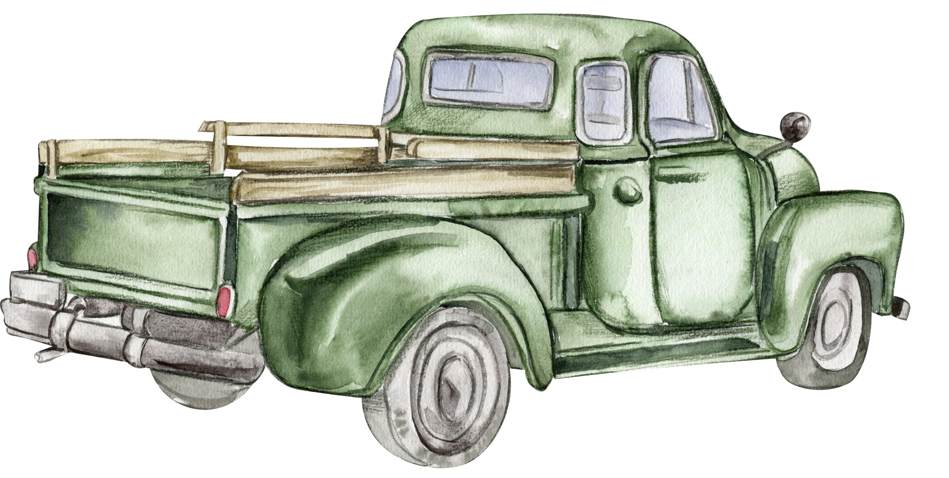 Vintage watercolor green truck, hand drawn ilustration of old retro car . png