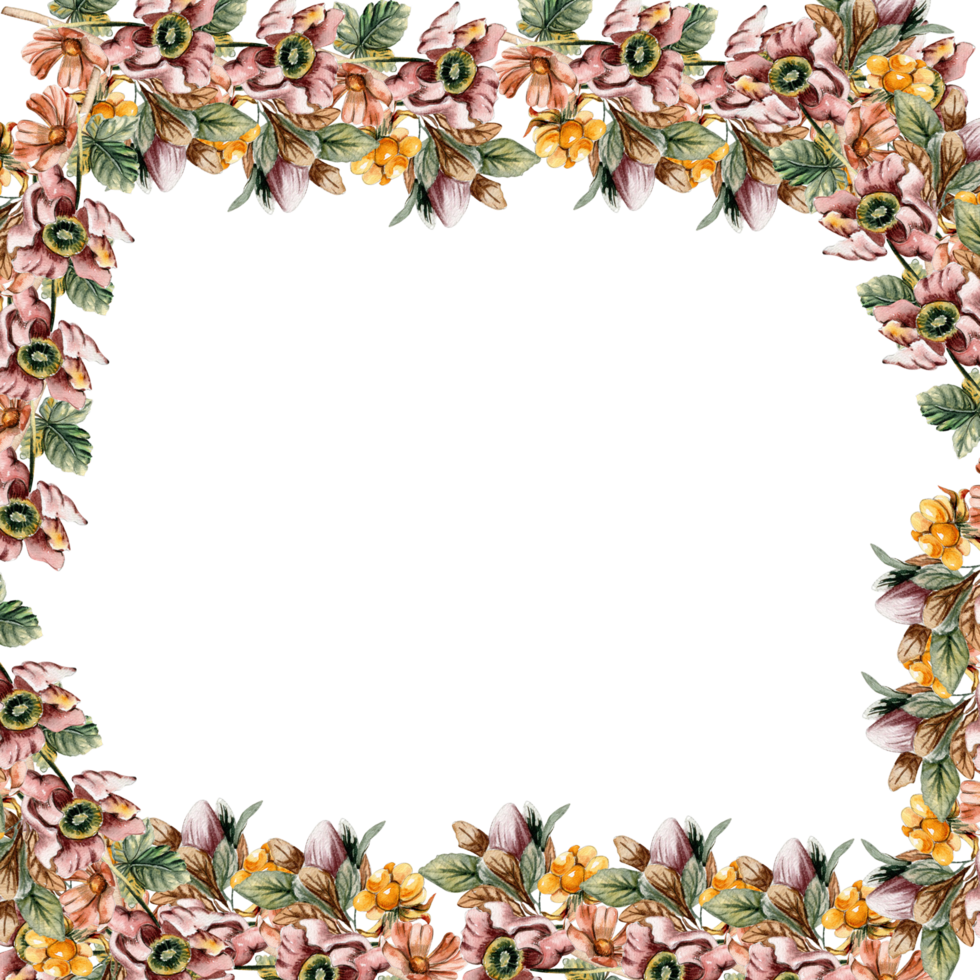 Flowers autumn square frame, border for card. Watercolor illustration for scrapbooking . Hand drawn background with flower for design. Perfect for wedding invitation. png