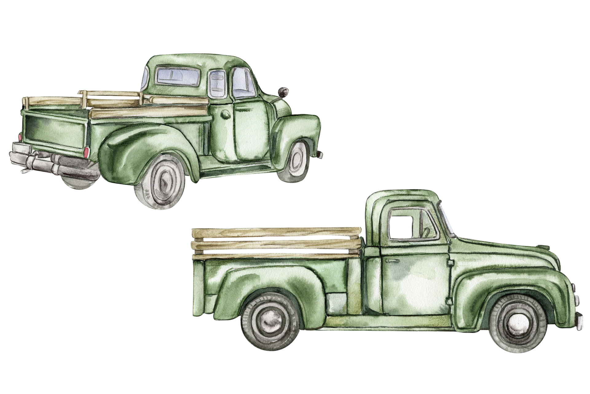 Vintage watercolor green trucks set, hand drawn illustration of old