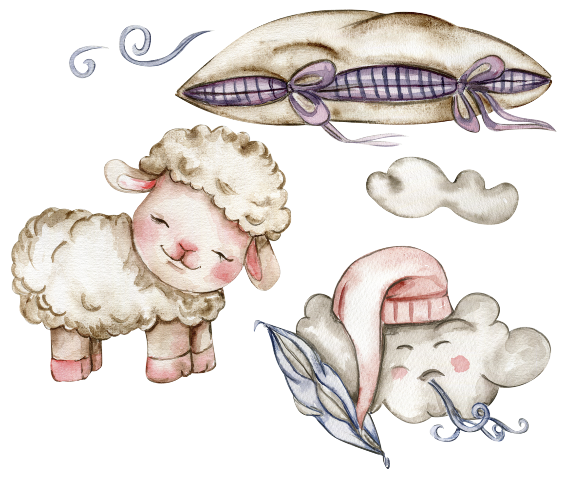 Watercolor hand drawn cute white fluffy sheep, clouds and soft pillows. png