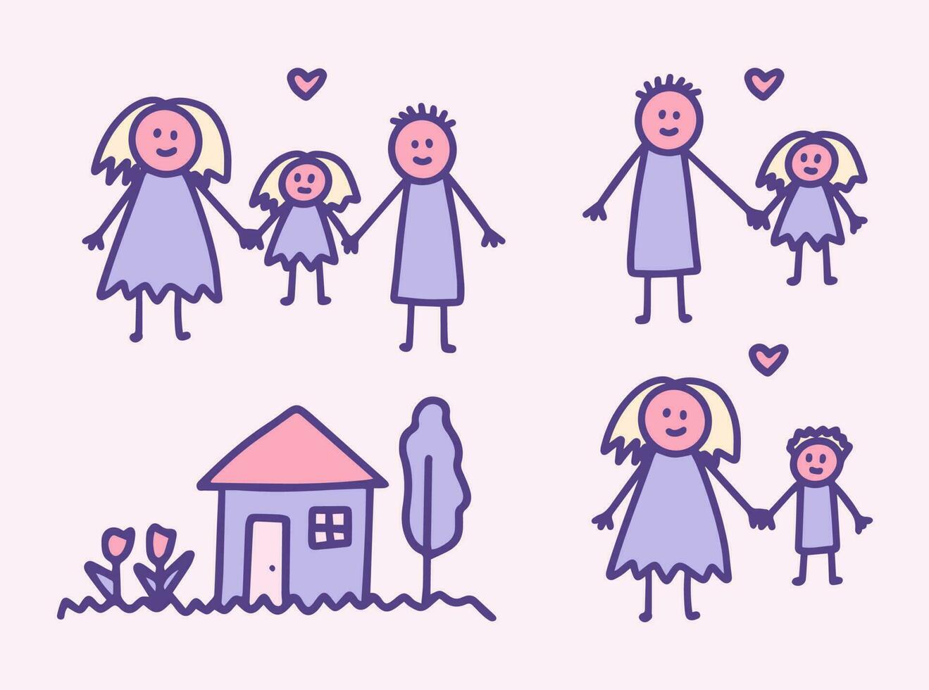 Set of kids doodle with different family drawings. vector