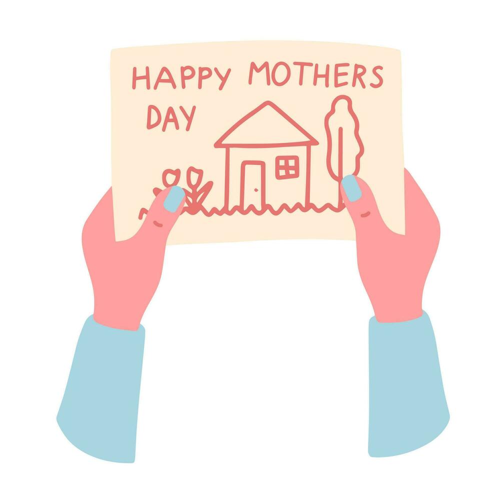 Mom holding a card from a kid in her hands. vector