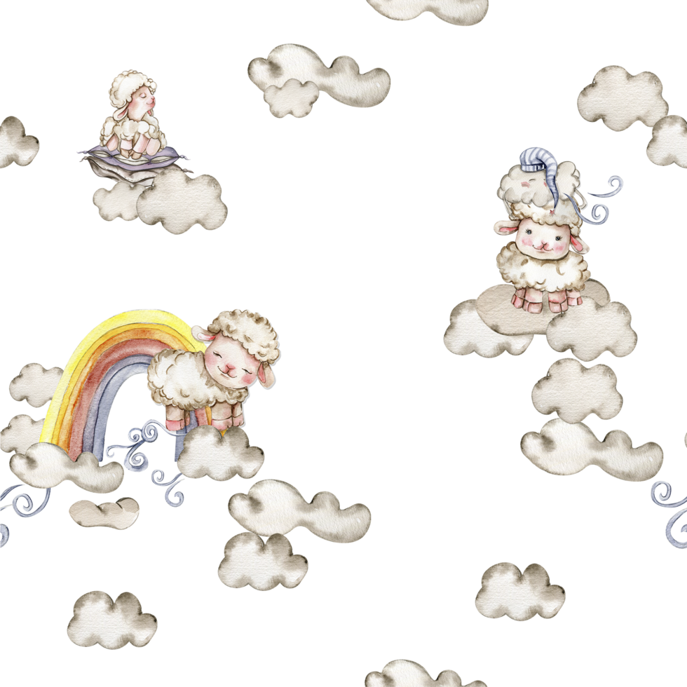 Seamless pattern of rainbow and fluffy sheep. Watercolor hand painted design for baby shower party, birthday, cake, holiday design, greetings card, invitation, fabric, textile. png