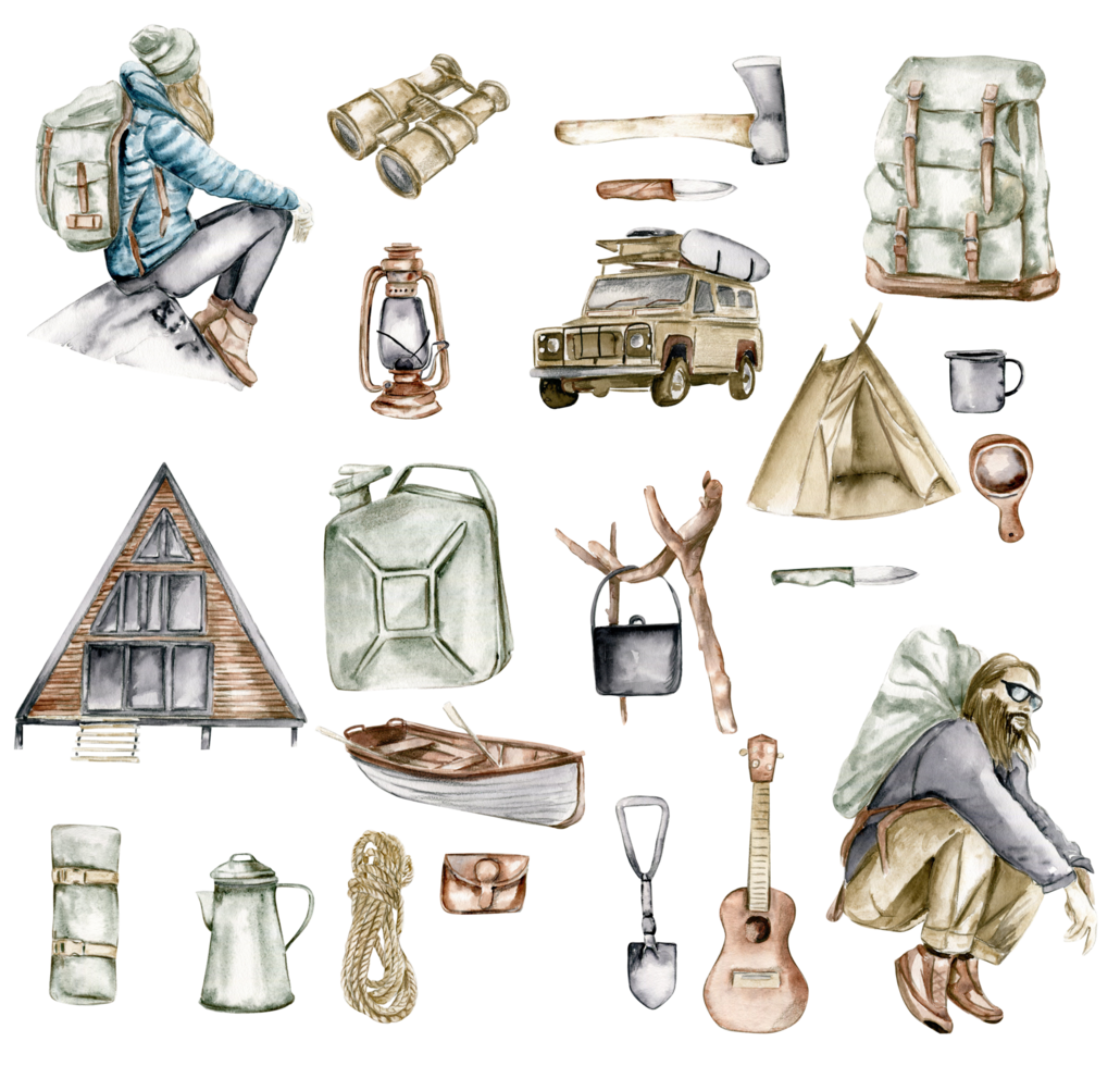 Watercolor set of traveling in the mountains with tents, climbing boots, ax, bowler hat, mug, lantern, campfire, tourist backpack png