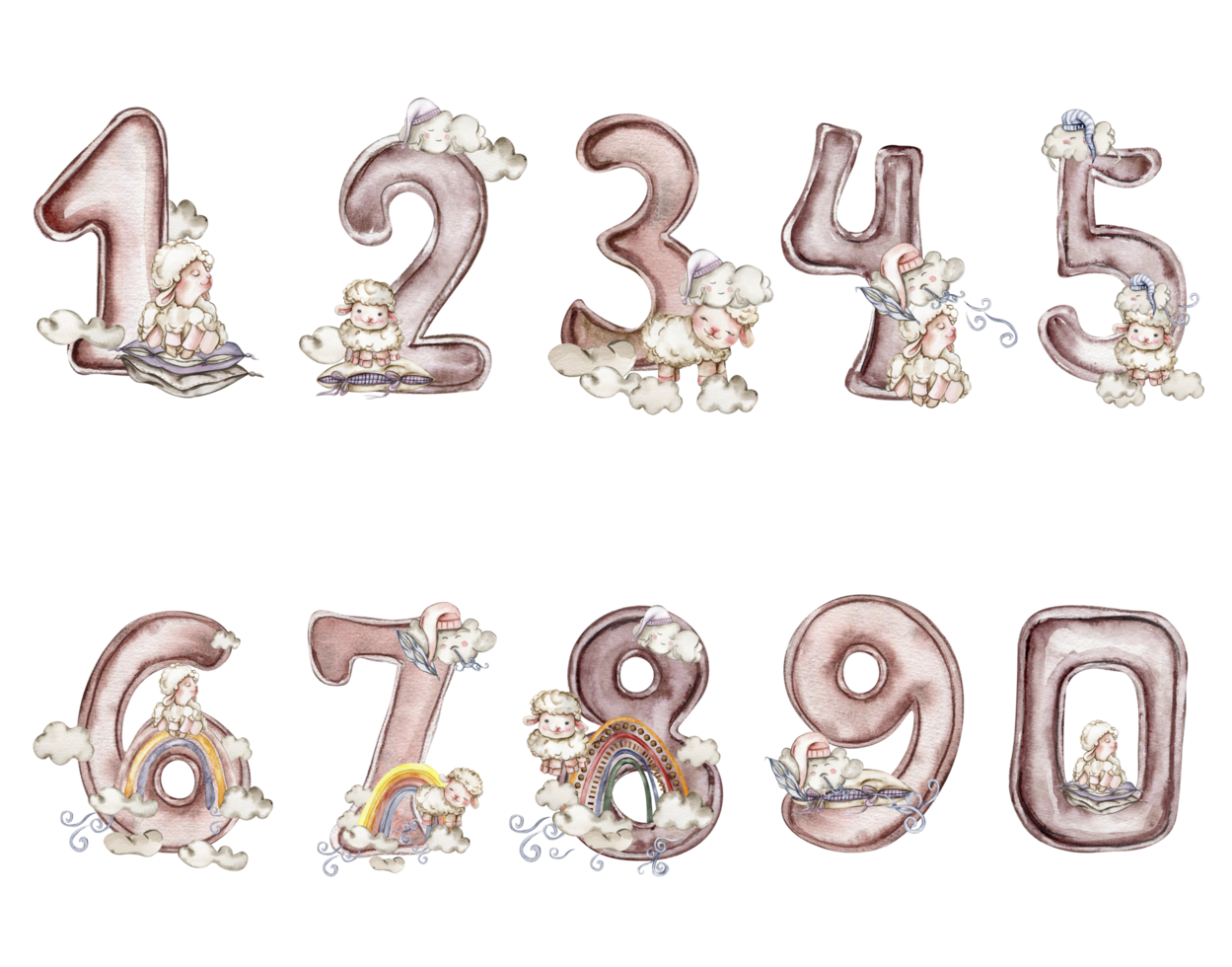 Watercolor hand drawn numbers and fluffy sheep composition. Illustration of a numbers. Perfect for scrapbooking, kids design, wedding invitation, posters, greetings cards, party decoration. png