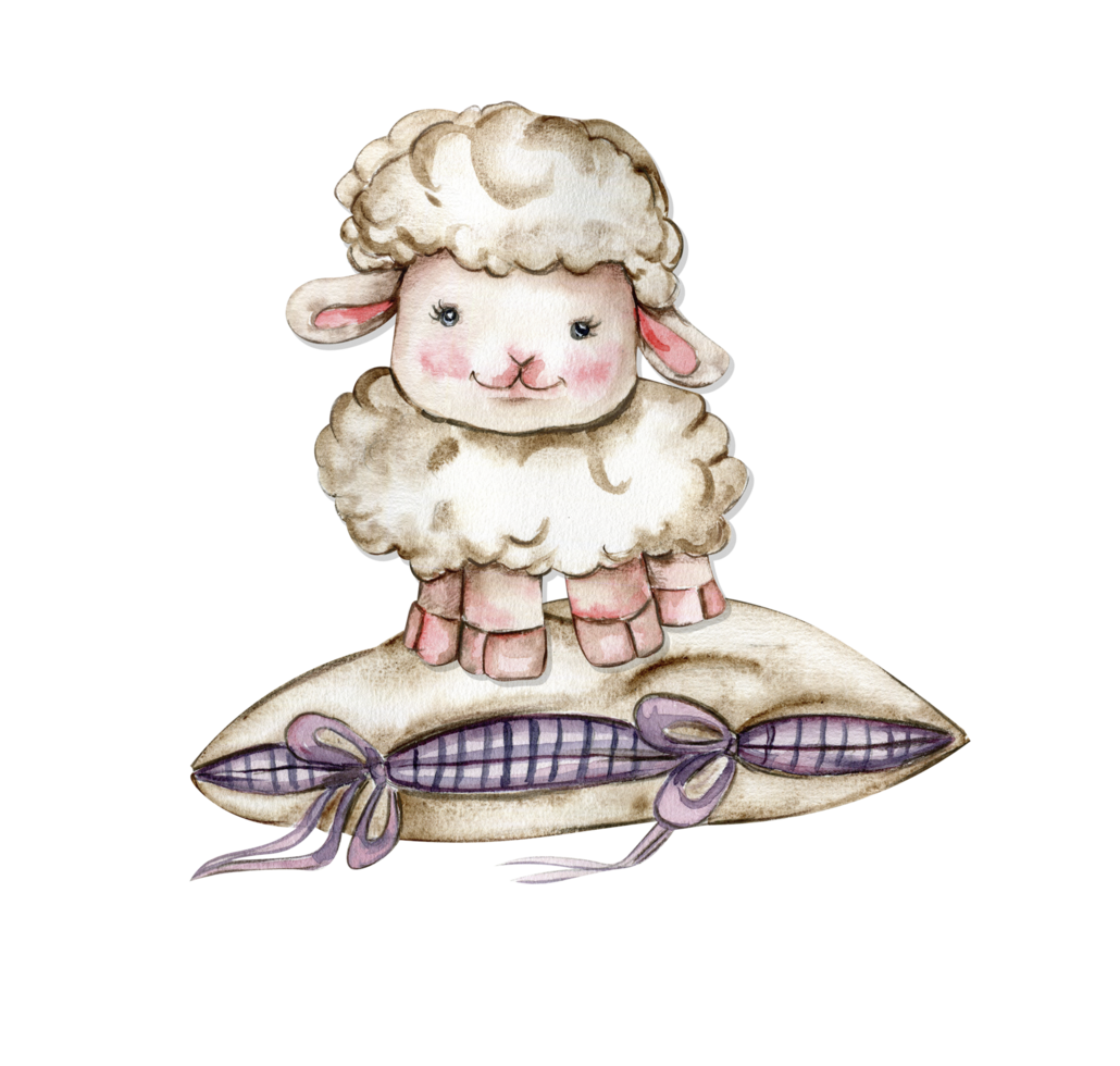 acuarela mano dibujado linda blanco mullido oveja sentado en el suave almohada. ilustración de granja bebé animal perfecto para Boda invitación, saludos tarjeta, cartel, tela modelo. png