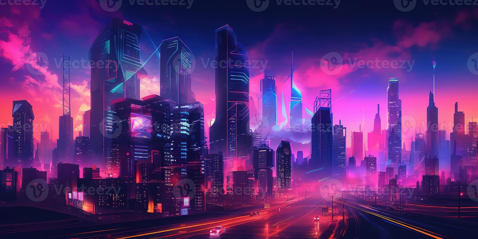 Aesthetic city synthwave wallpaper with a cool and vibrant neon design