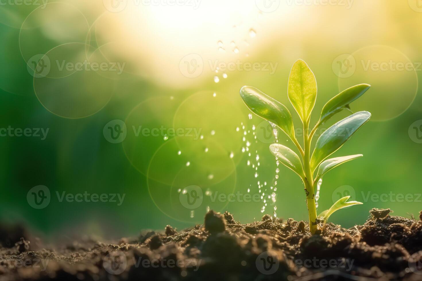 joven planta con soltar de agua en luz de sol, creciente planta crecer arriba, ai generado foto