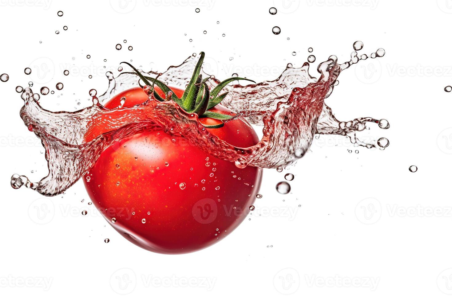 a tomato splashing in a water splash on white background, photo