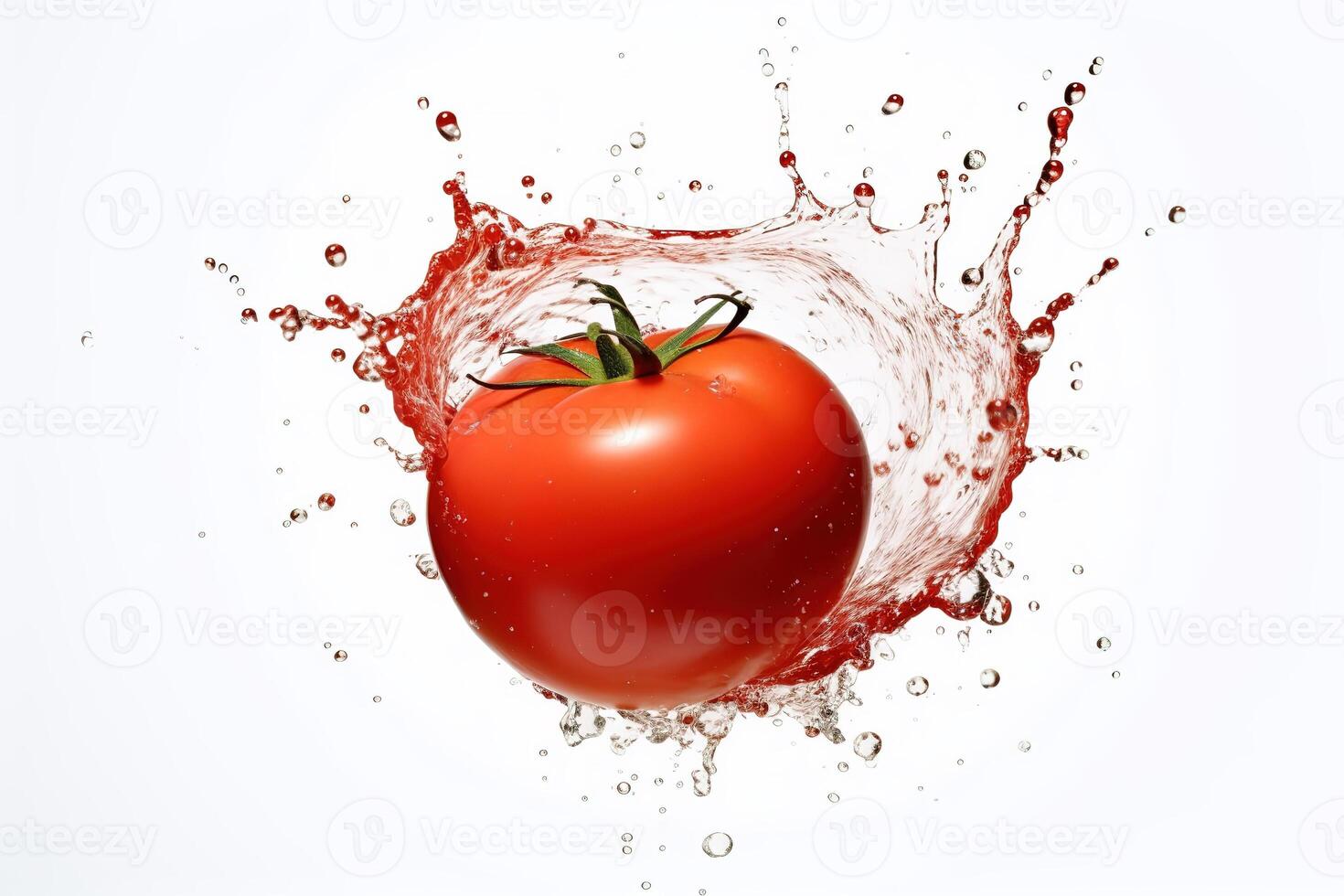a tomato splashing in a water splash on white background, photo