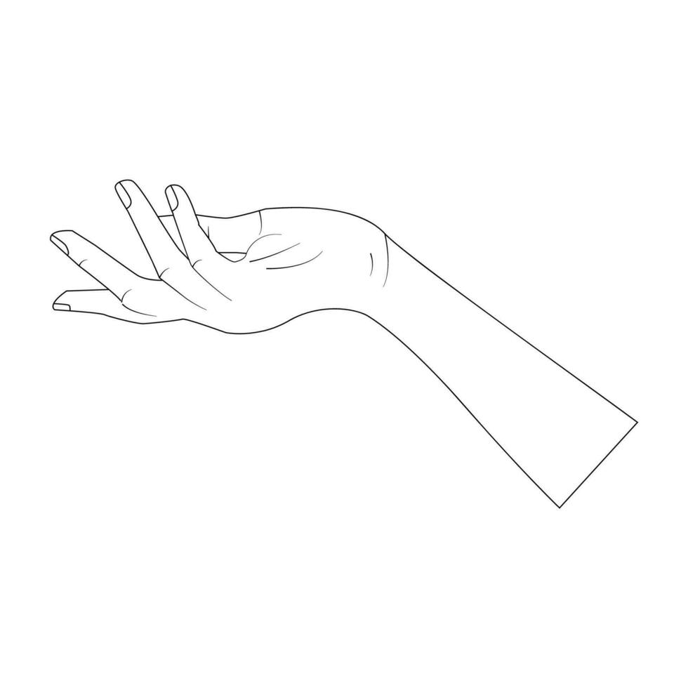 Human female hand in reaching gesture. Black and white line art vector