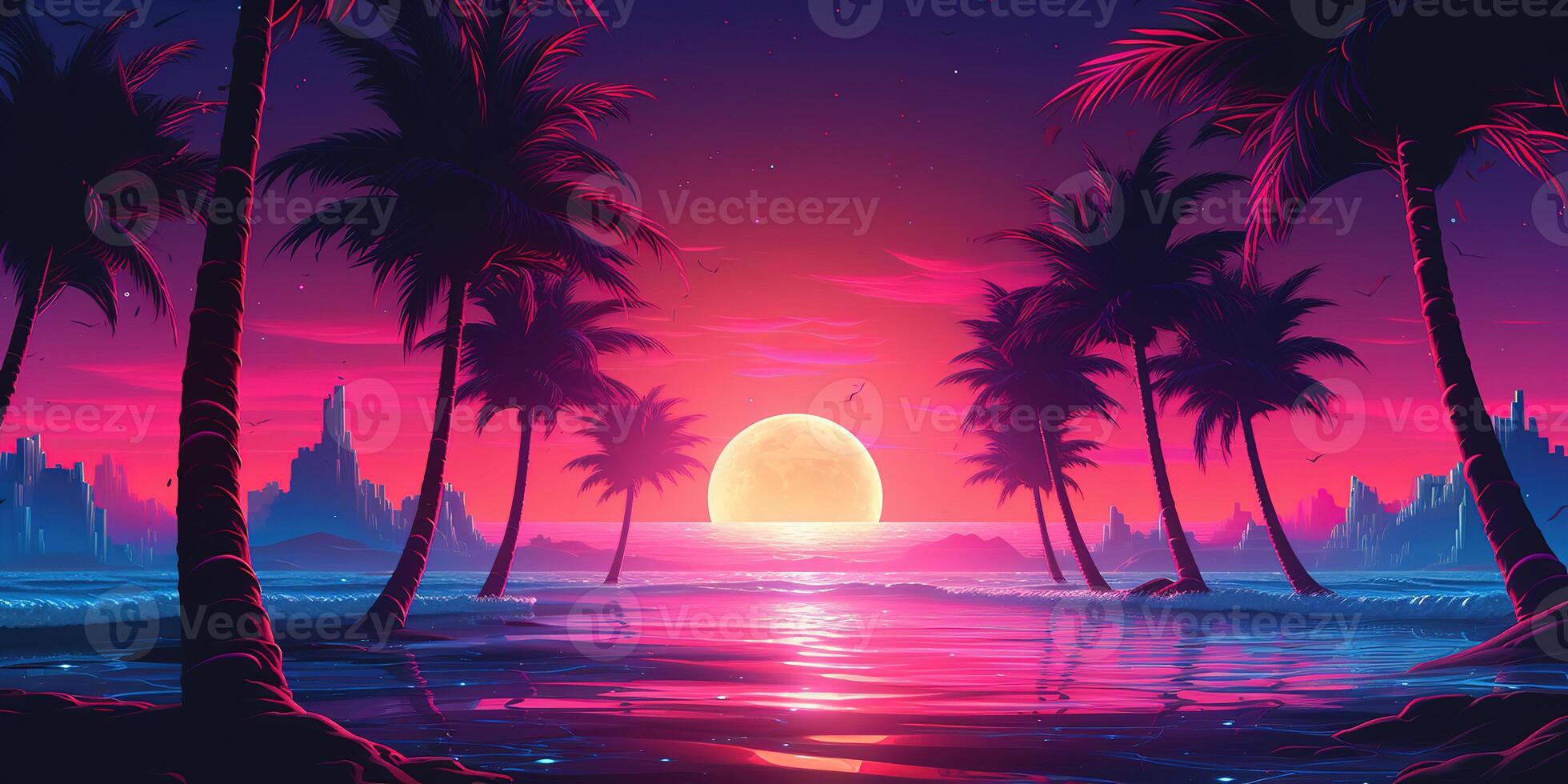 Aesthetic beach synthwave retrowave wallpaper with a cool and vibrant neon design, photo