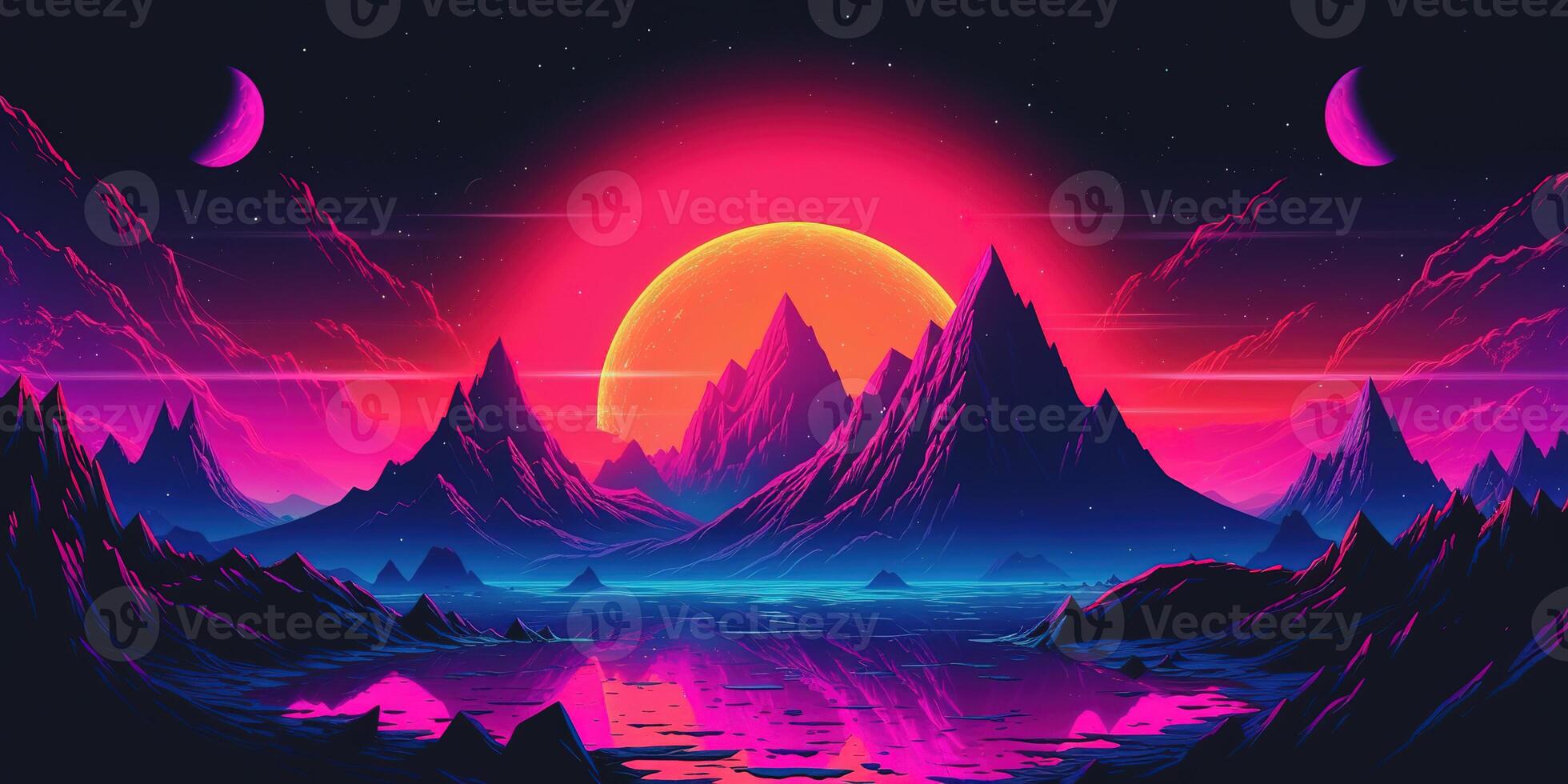 Aesthetic mountain synthwave retrowave wallpaper with a cool and vibrant neon design, photo