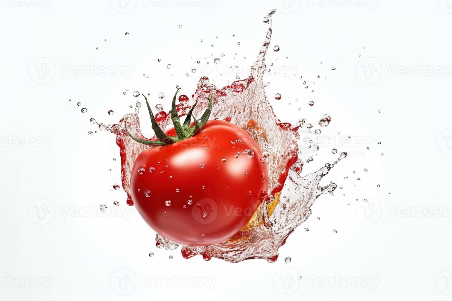 un tomate salpicaduras en un agua chapoteo en blanco fondo, ai generado foto