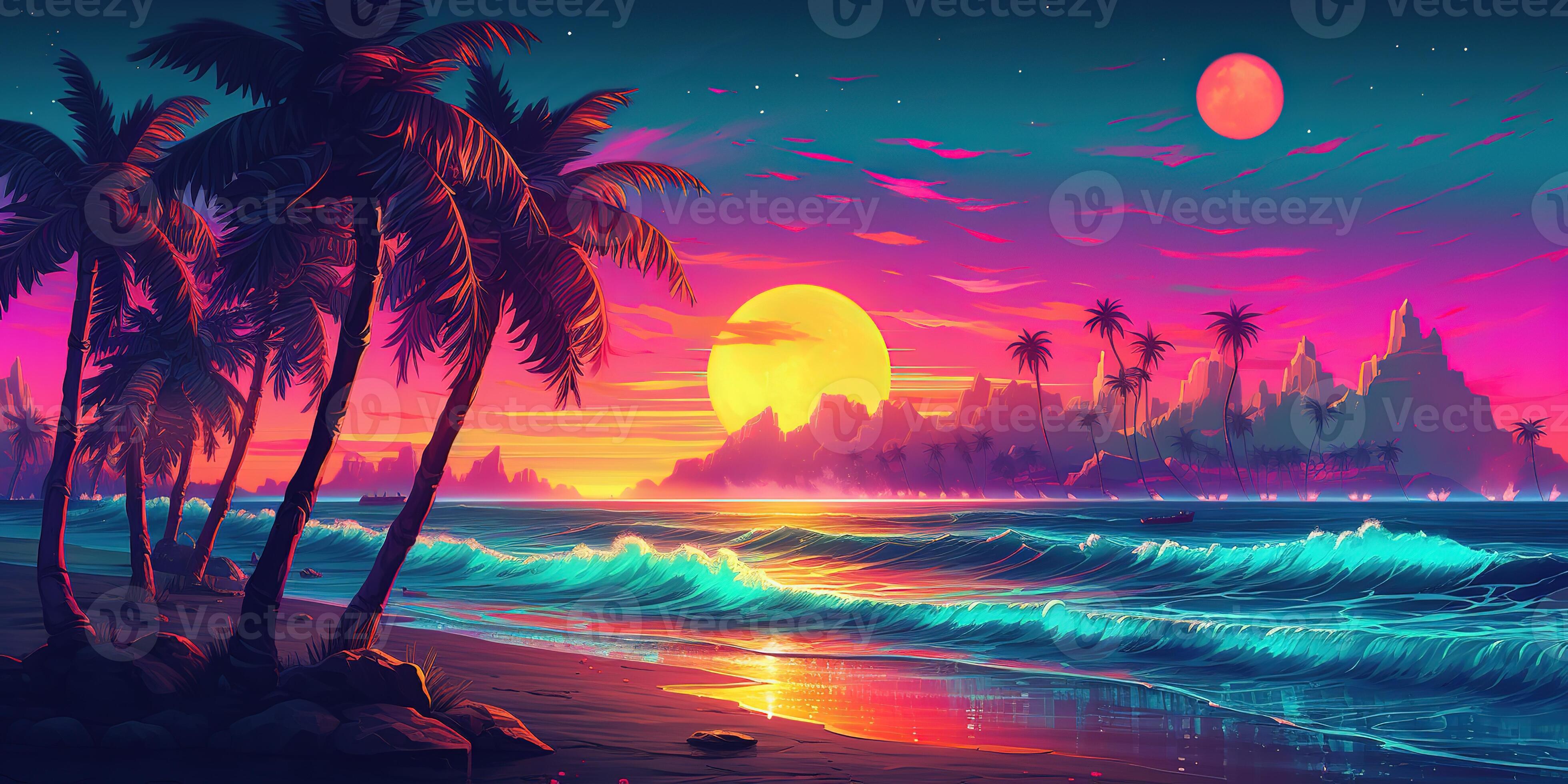 Aesthetic beach synthwave retrowave wallpaper with a cool and vibrant ...