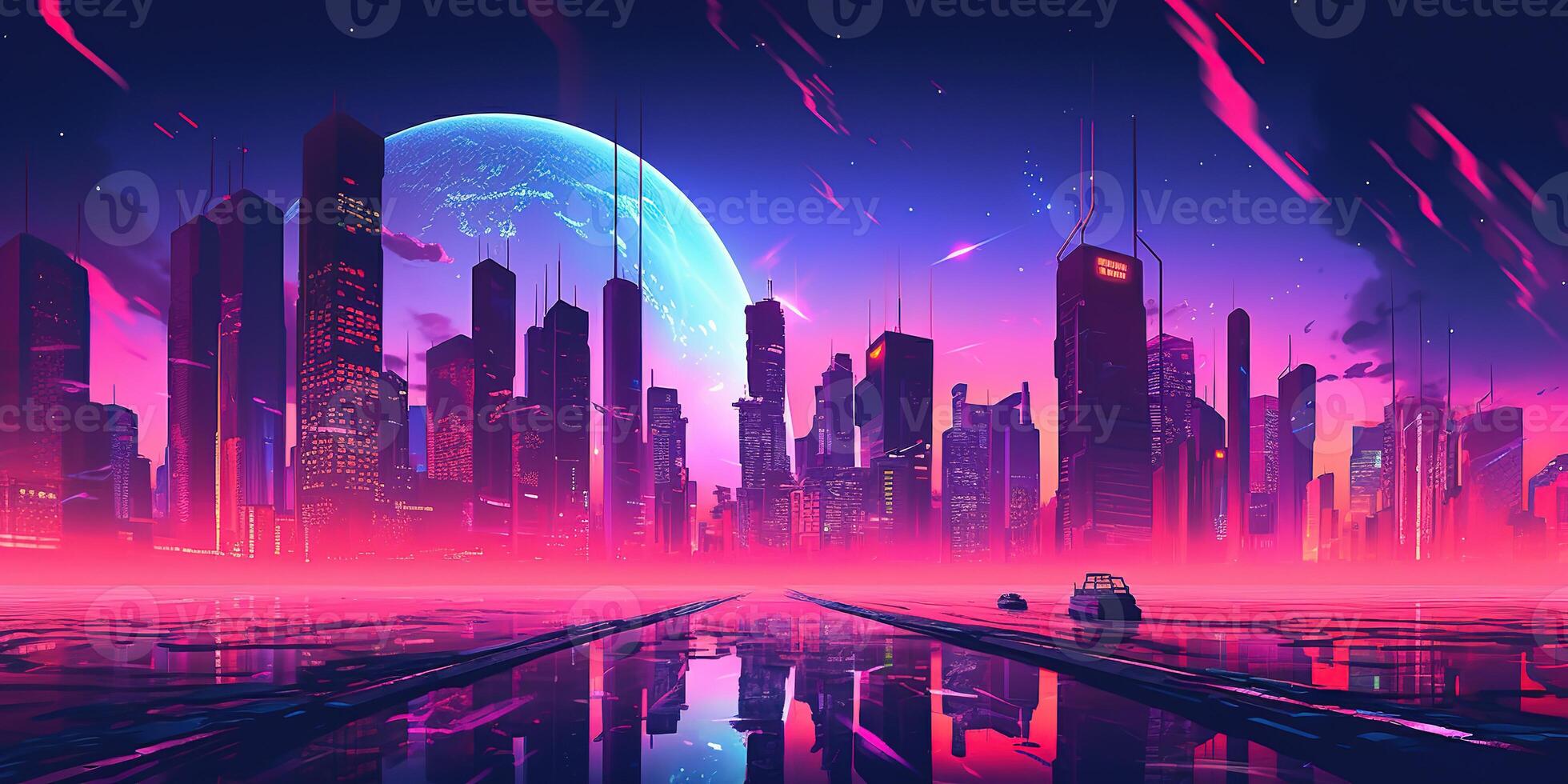 Aesthetic city synthwave wallpaper with a cool and vibrant neon design, photo