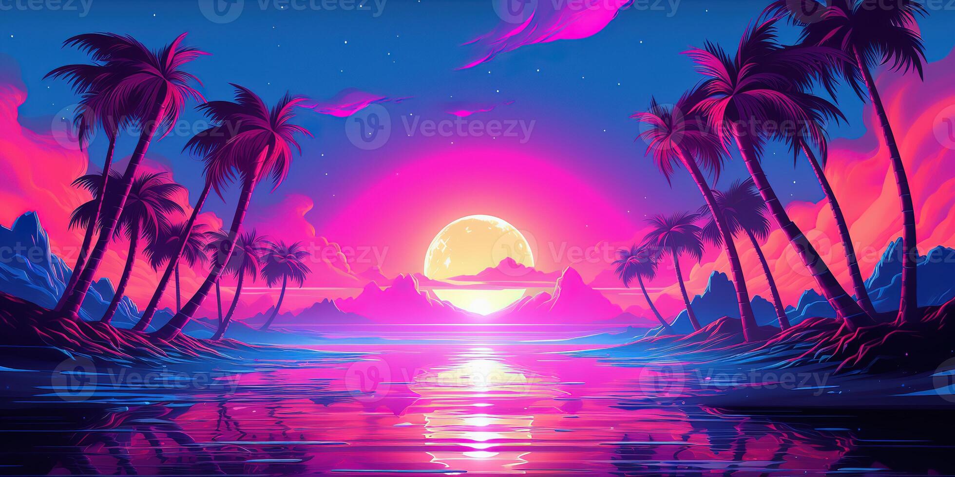 Aesthetic beach synthwave retrowave wallpaper with a cool and vibrant neon design, photo