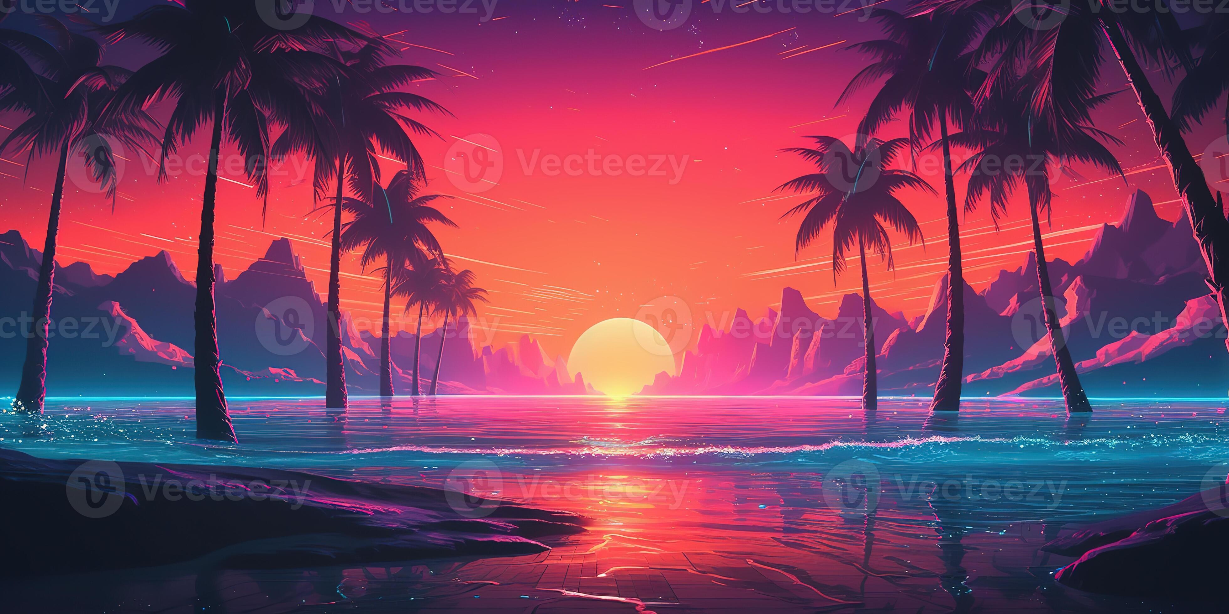 Aesthetic beach synthwave retrowave wallpaper with a cool and vibrant ...