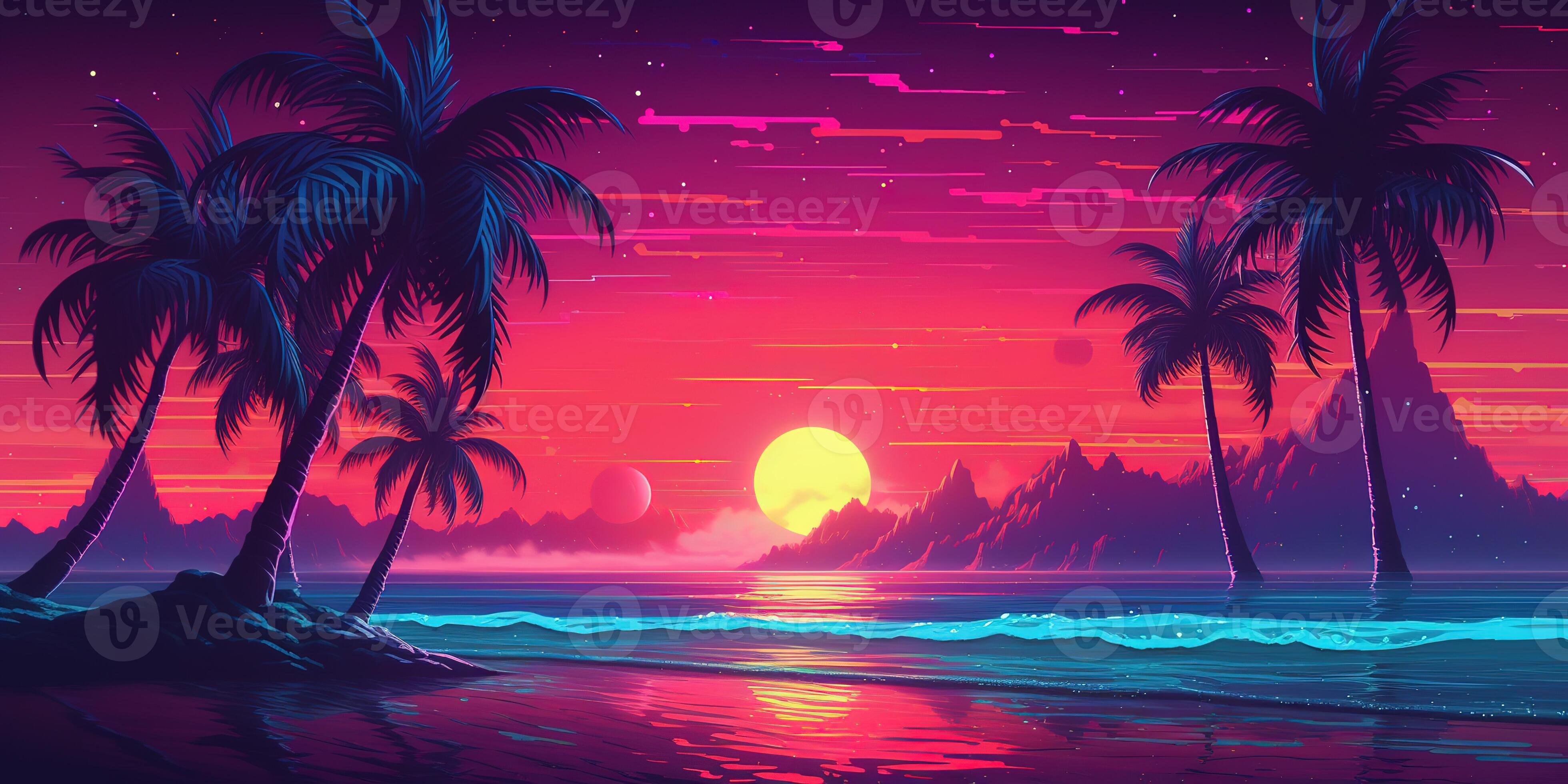 Aesthetic beach synthwave retrowave wallpaper with a cool and vibrant ...