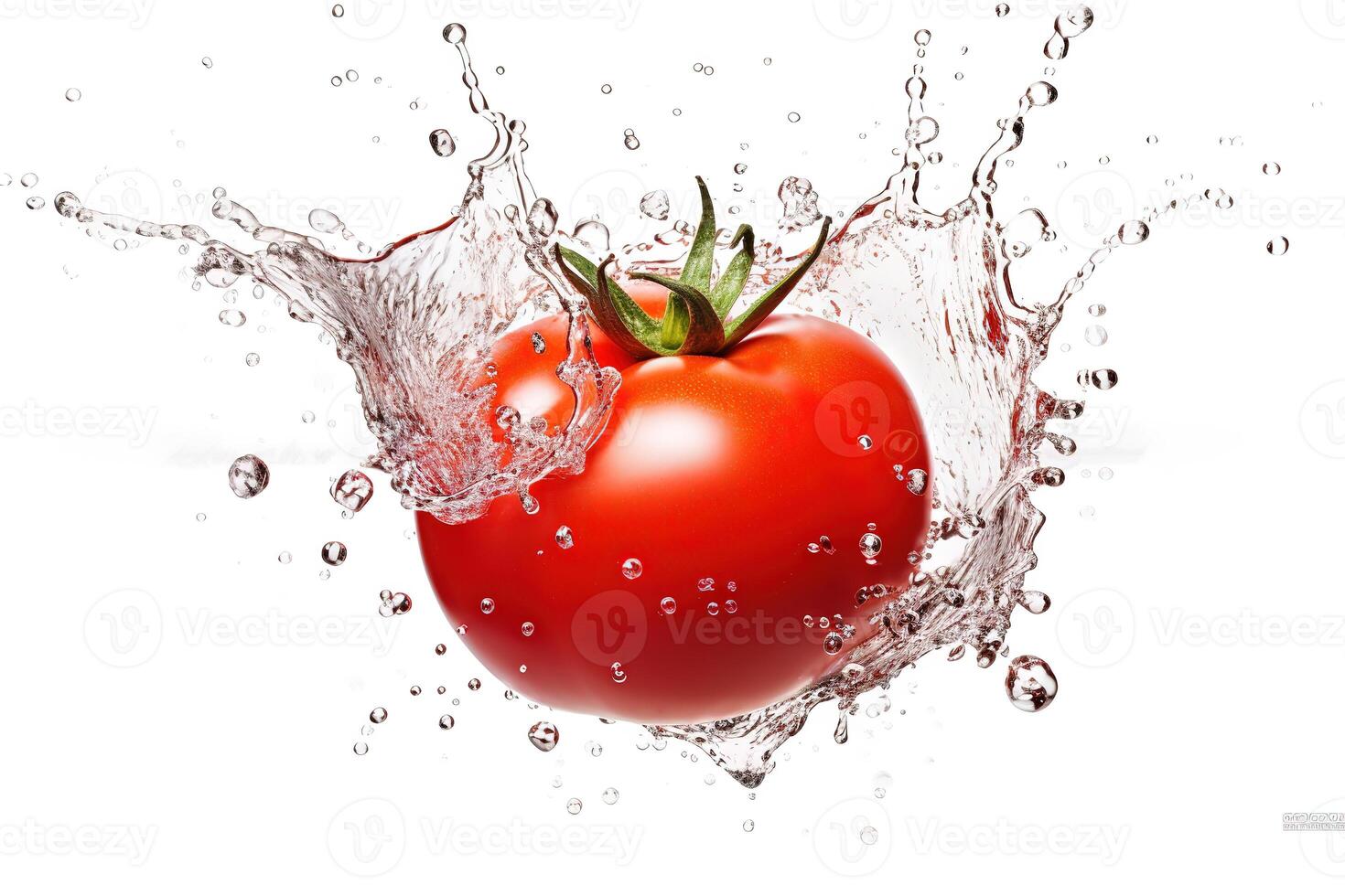 a tomato splashing in a water splash on white background, photo