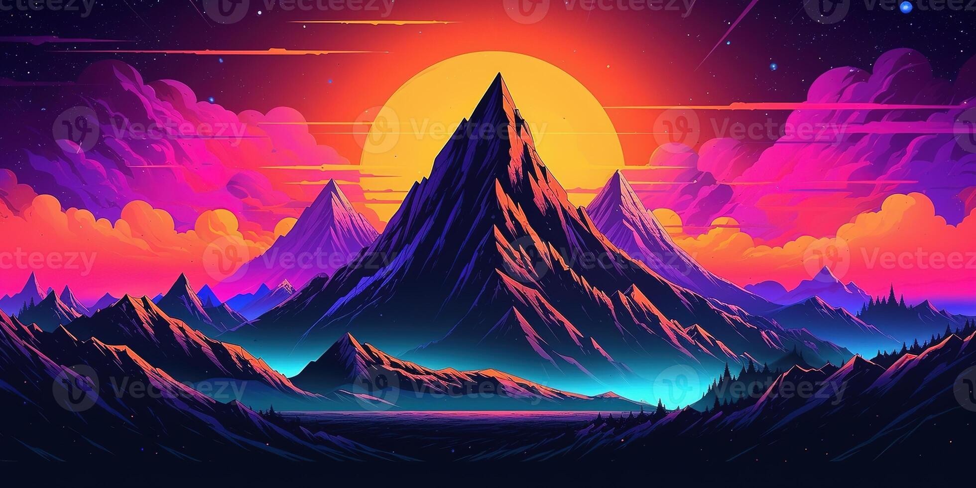 Aesthetic mountain synthwave retrowave wallpaper with a cool and vibrant neon design, photo