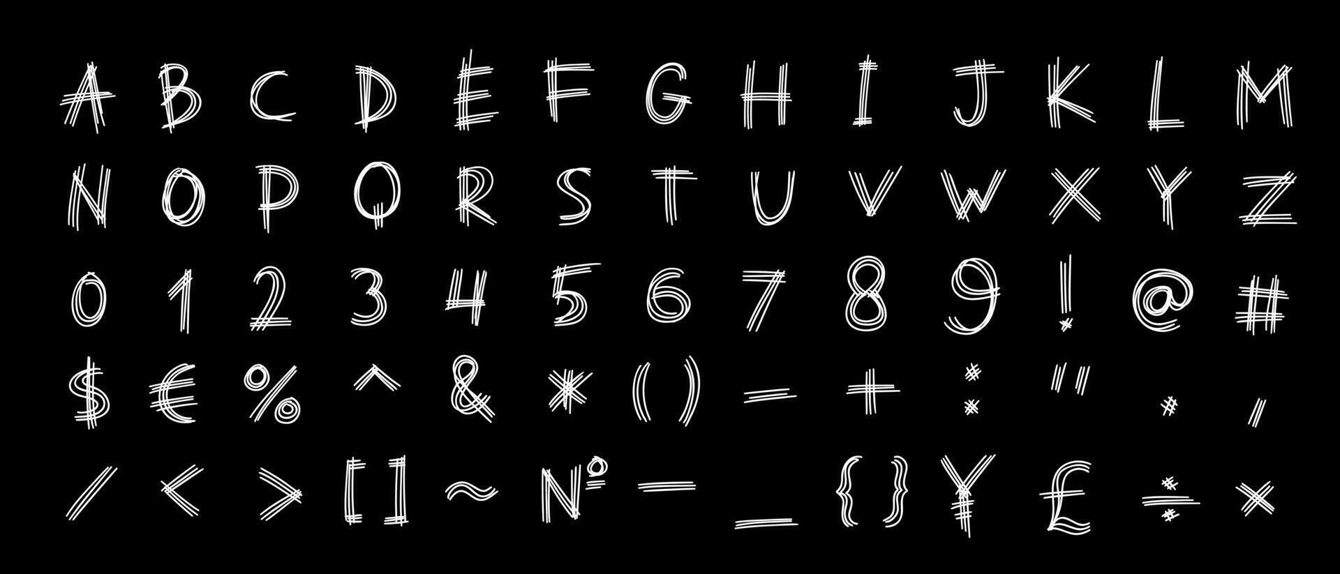 irregular formas negro Inglés latín a B C alfabeto fuente con dígitos y símbolos escrito un a z, 0 0 a 9 9 colocar. vector ilustración en garabatear estilo aislado en blanco antecedentes. para decorando, logo.